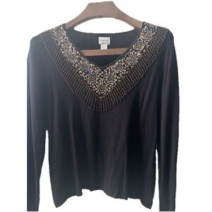 Chicos M Beaded Silk Black V-neck Long Sleeve Silk Top Size 2 Southwest Beaded